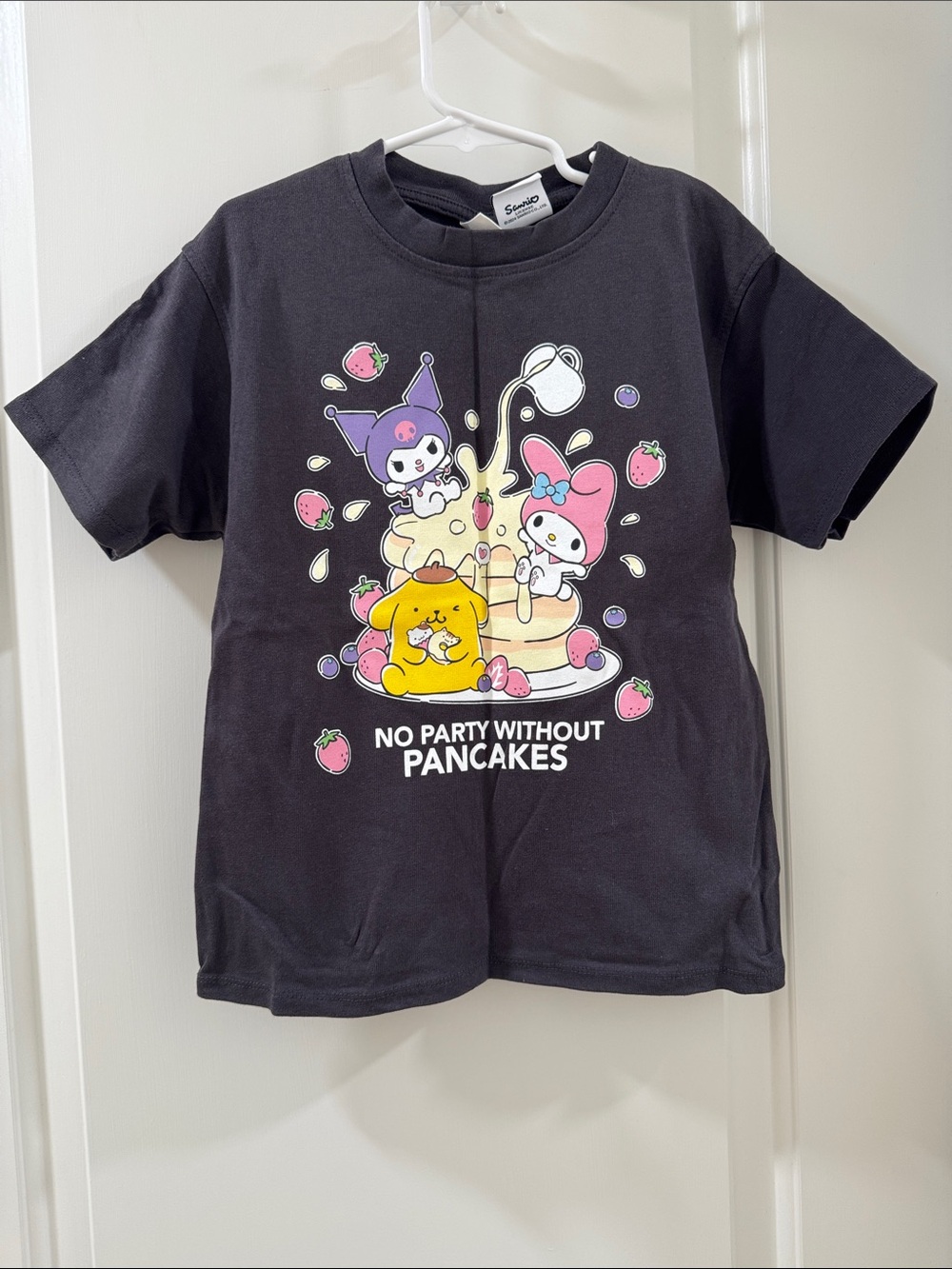 Sanrio Black Tee with Multicolor Pancake Character Graphic